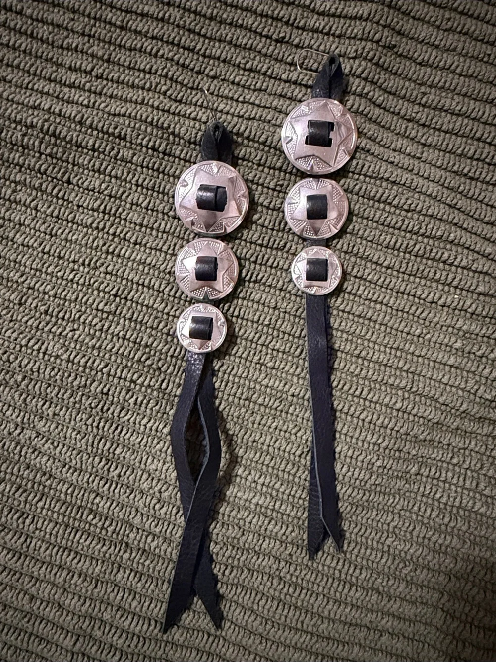 Saddle Tramp Silver Concho Black Leather Tassel Earrings - Black & Silver